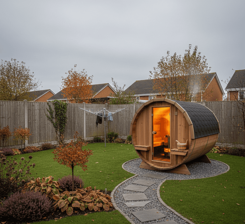 Traditional barrel sauna installed in a private residential garden