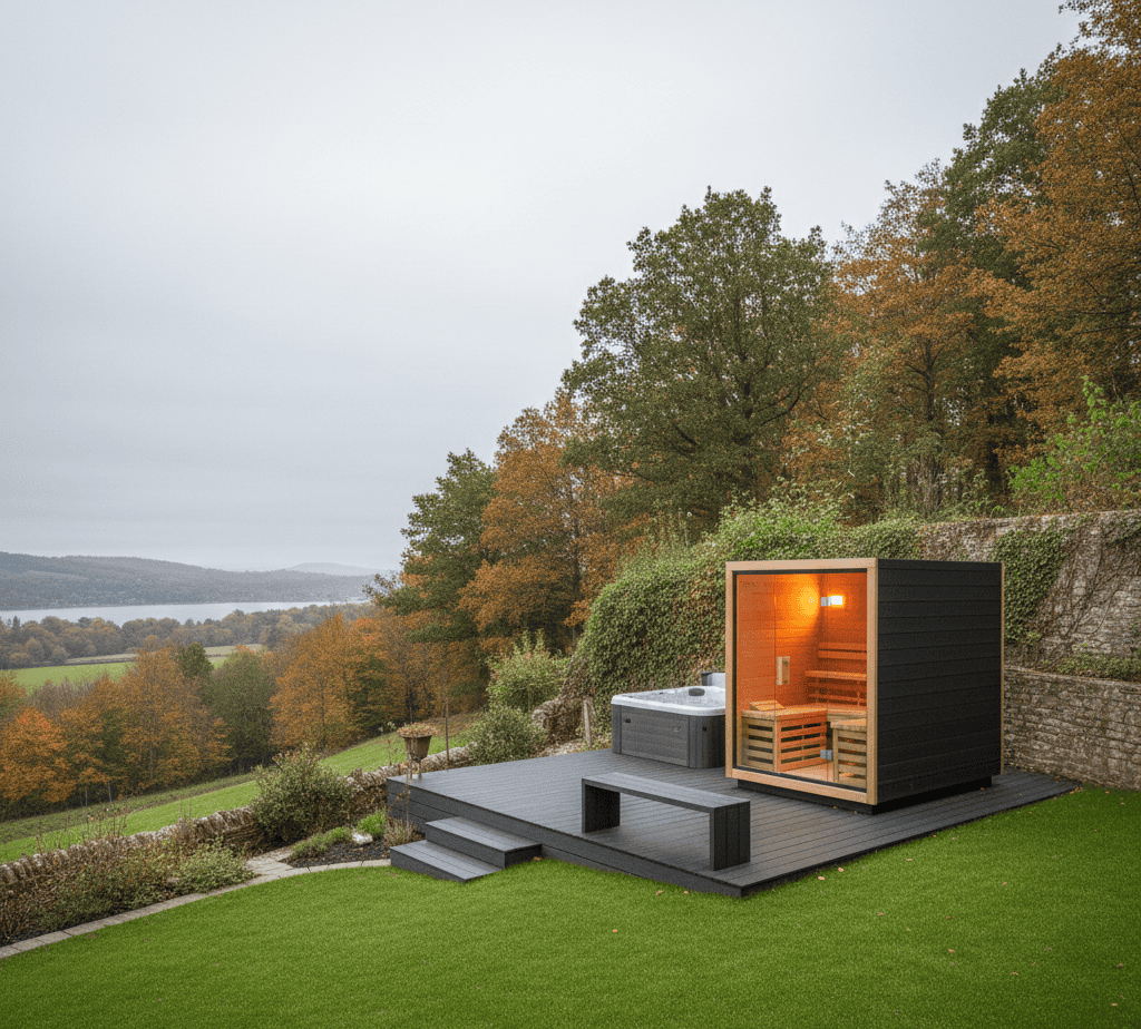 Modern cube garden sauna with hot tub and premium outdoor wellness deck